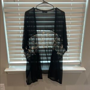 Black Sheer Kimono with pink Embroidery